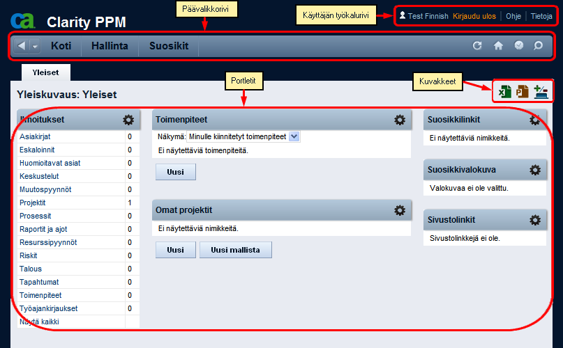 Kuvassa on oletusarvoinen Clarity-kotisivu.
