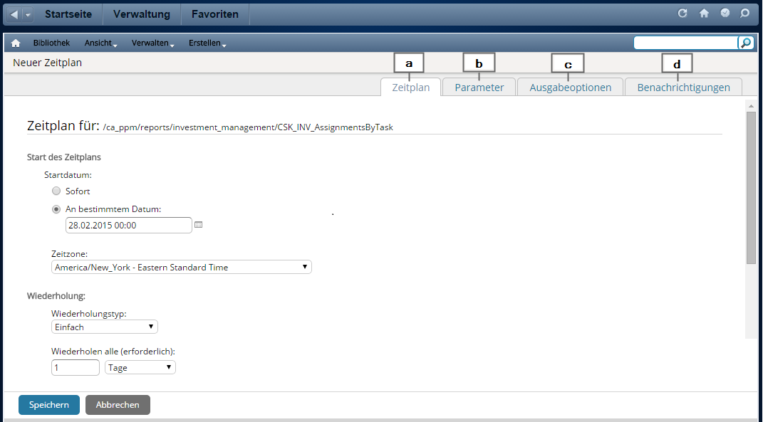 Diese Grafik illustriert die Berichtsplanungsseite für die erweiterte Berichterstellung.