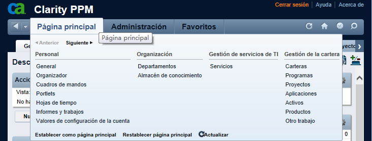 El gráfico muestra el menú Página principal expandido.