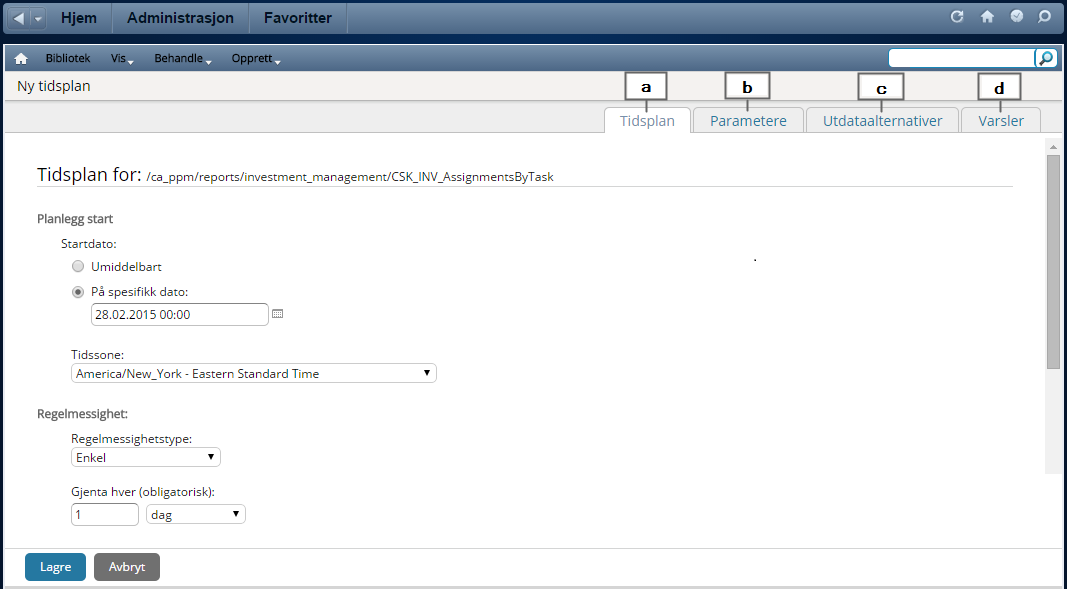 Dette bildet viser rapportplanleggingssiden for avansert rapportering.