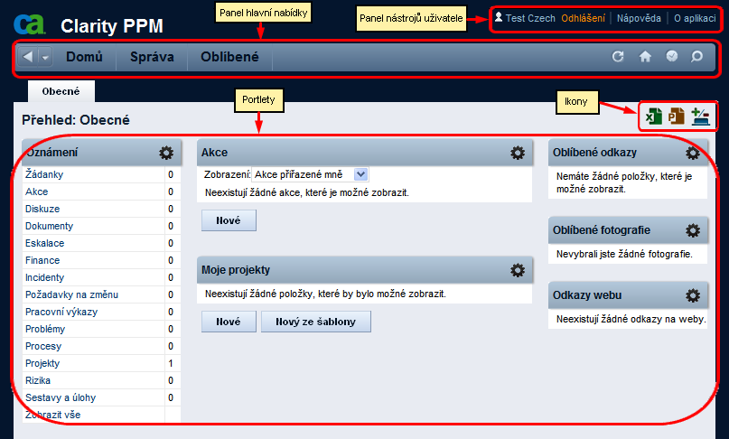 Obrázek znázorňuje výchozí domovskou stránku aplikace Clarity.