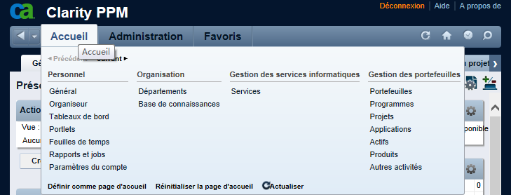Le graphique illustre le menu Accueil développé.