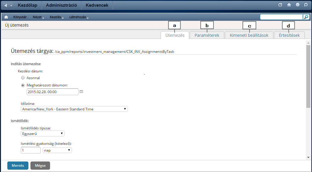 Ez az ábra a Speciális jelentéskészítés jelentésütemezési oldalát ábrázolja.
