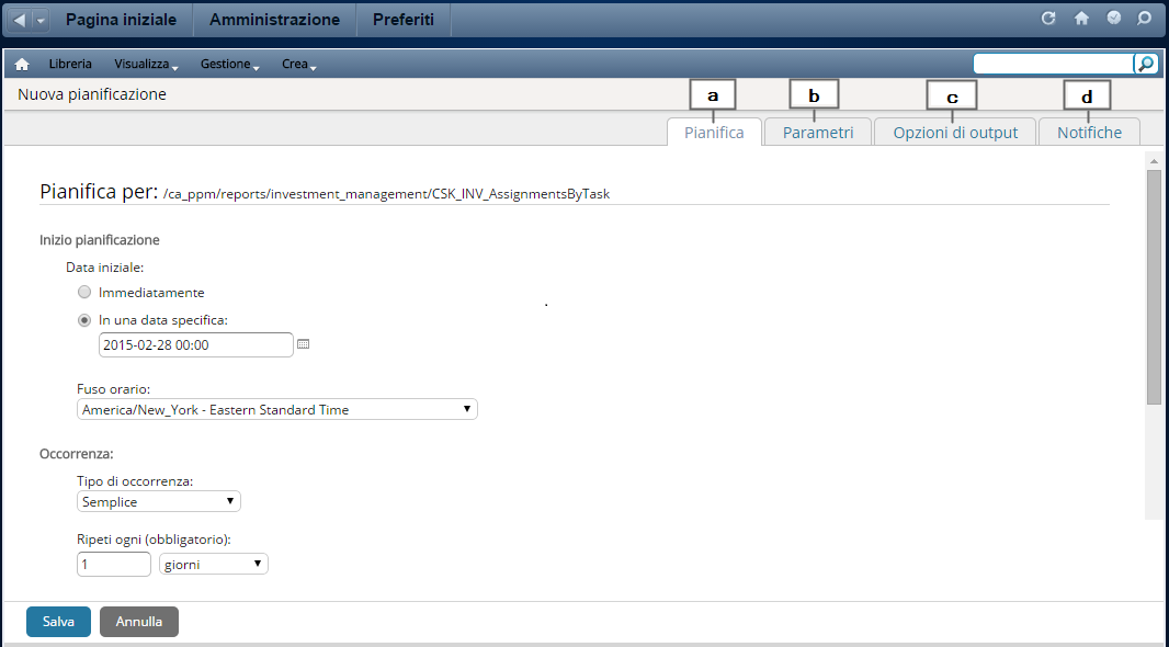 Questo grafico mostra la pagina di pianificazione del report Reporting avanzato.