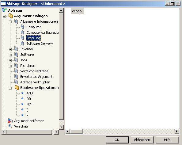 Dialogfeld "Abfrage-Designer" mit der Kategorie "Ursprung"