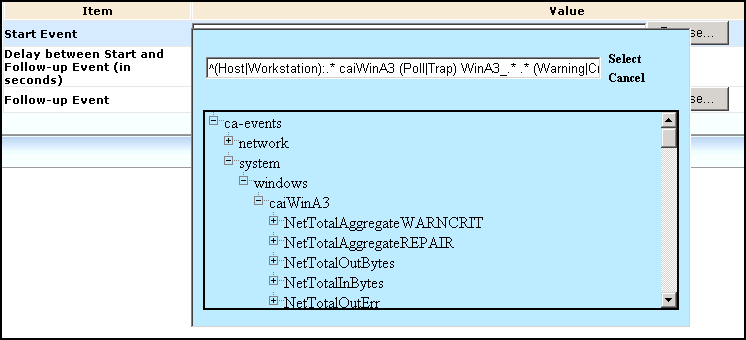A drop-down list that provides specific syntax for a selected incoming event