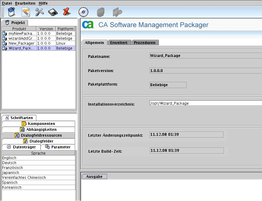 Screenshot der Fensterbereiche eines PIF-Packager-Fensters (Beispiel)