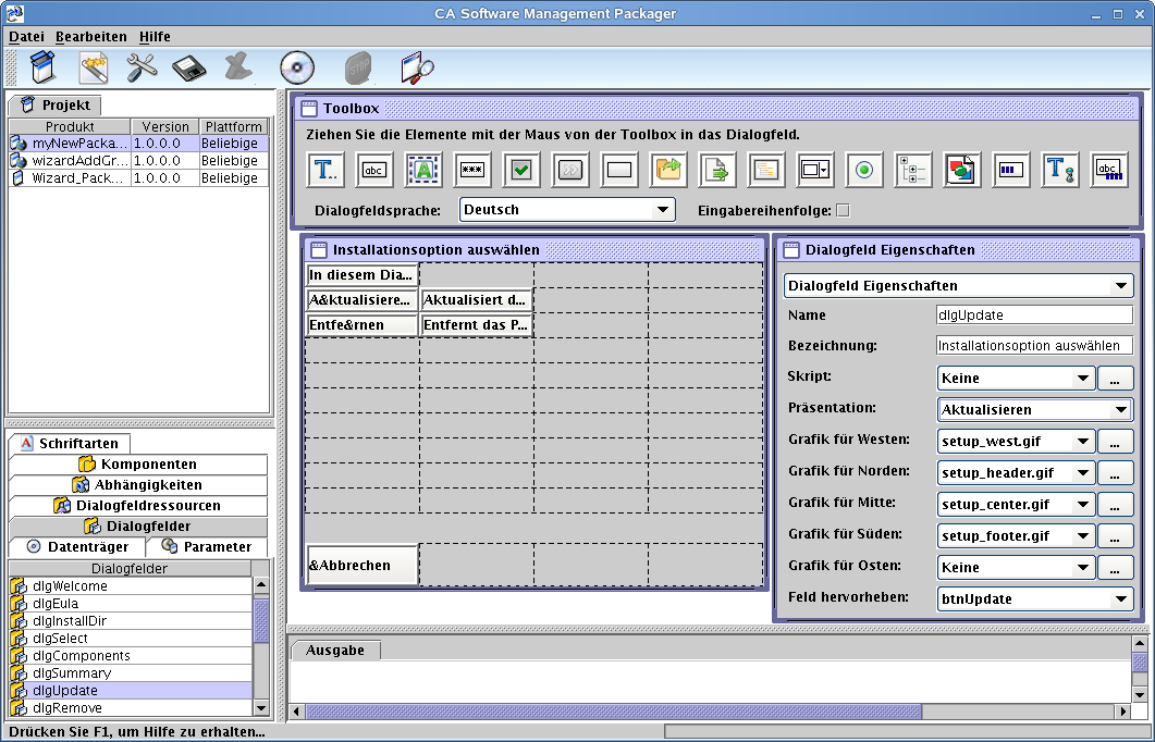Screenshot des Editors für Installationsdialogfelder