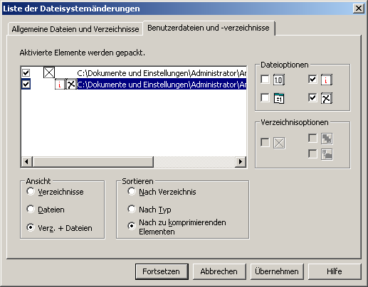 Beispiel-Screenshot der Registerkarte "Benutzerdateien" im Dialogfeld "Liste der Dateisystemänderungen"
