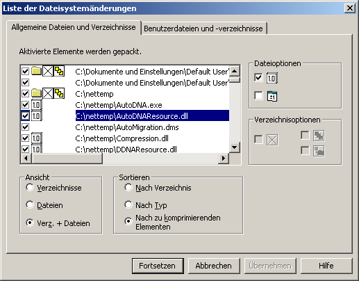 Beispiel-Screenshot der Registerkarte der allgemeinen Dateien im Dialogfeld "Liste der Dateisystemänderungen"