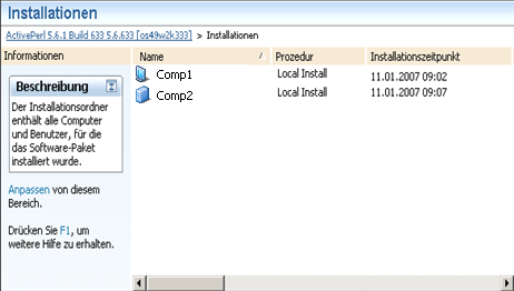 Screenshot mit Installationen eines angegebenen Elements