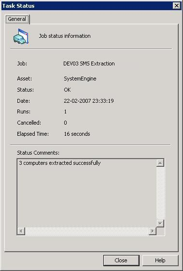 Task Status dialog (General tab) providing information on the OK status