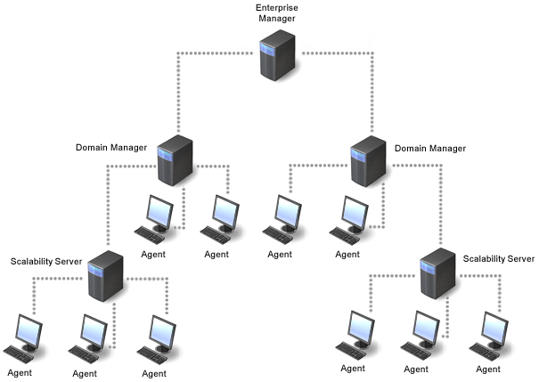 Graphic depicting the multi-tier architecture supported by DSM, showing computers at the enterprise, domain, scalability server, and agent tiers