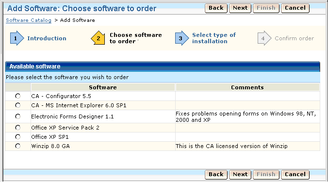 Screenshot of a sample Choose Software to Order page of the Add Software wizard from the Software Catalog