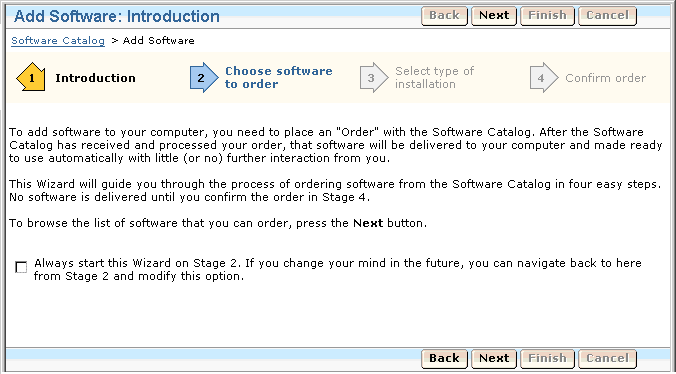 Screenshot of the Introduction page of the Add Software wizard from the Software Catalog