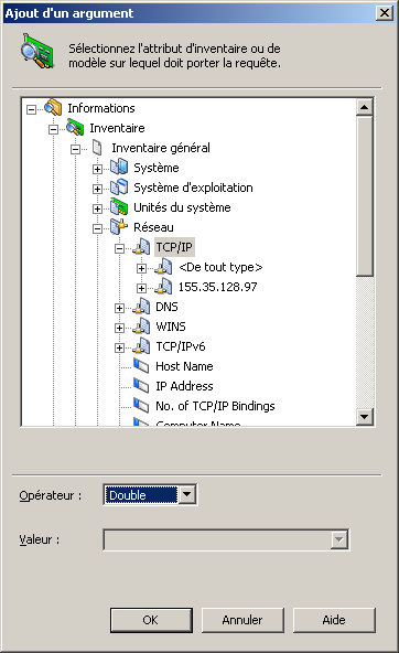 Boîte de dialogue Ajout d'un argument fournissant les informations TCP/IP