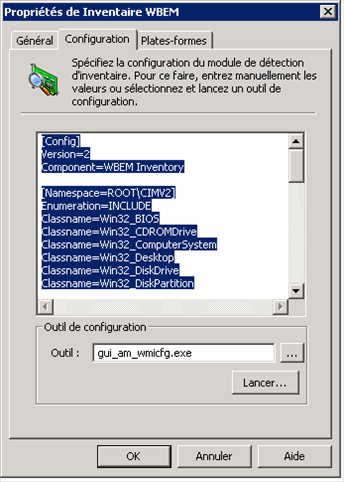 Boîte de dialogue Propriétés de l'inventaire WBEM (onglet Configuration) précisant la configuration du module de détection d'inventaires