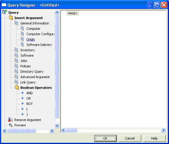 Boîte de dialogue Outil de conception de requêtes affichant la catégorie Origine