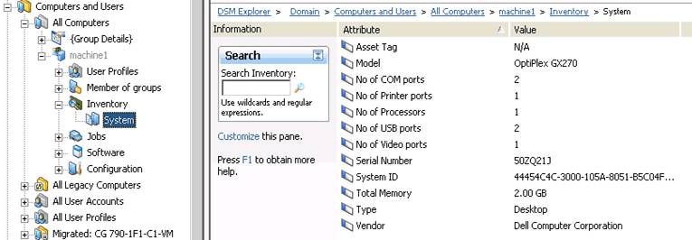 Capture d'écran des informations sur l'inventaire matériel