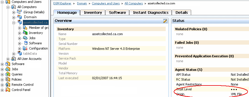 Capture d'écran montrant l'onglet Page d'accueil d'un actif (collecteur d'actifs)