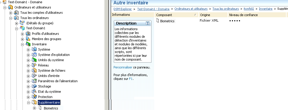 Capture d'écran indiquant l'origine et le niveau de confiance de l'autre inventaire