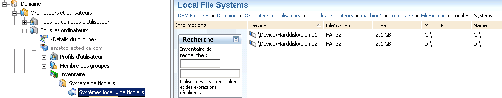 Capture d'écran affichant des informations sur l'inventaire matériel (collecteur d'actifs)