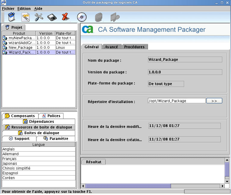Capture d'écran affichant les volets d'un exemple de fenêtre de l'outil de conditionnement PIF