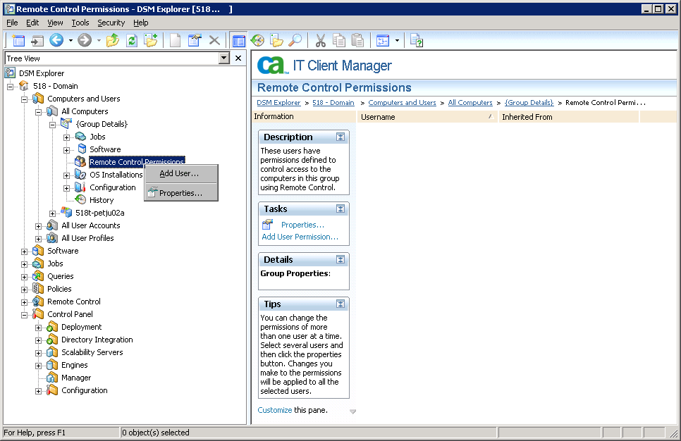 Noeud Autorisations Remote Control avec menu contextuel