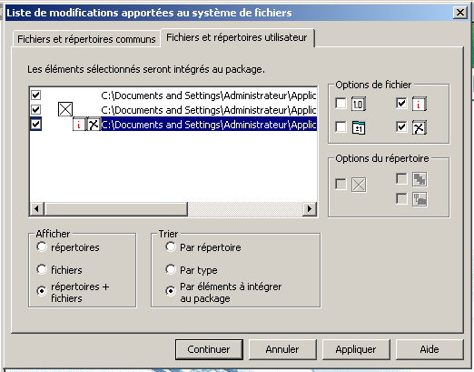 Exemple de capture d'écran de l'onglet Fichiers utilisateur sur la boîte de dialogue Liste des modifications du système de fichiers