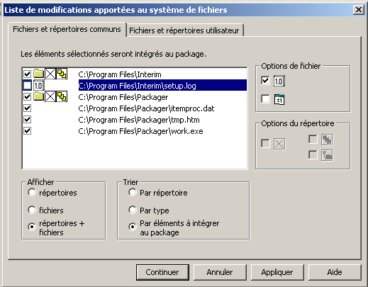 Exemple de capture d'écran de l'onglet Fichiers communs sur la boîte de dialogue Liste des modifications du système de fichiers