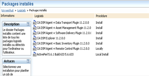 Capture d'écran montrant des packages installés sur un ordinateur désigné souhaité