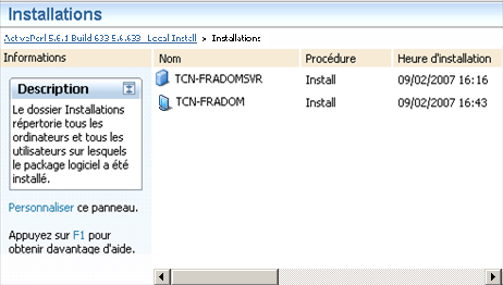 Capture d'écran montrant les installations d'un élément désigné
