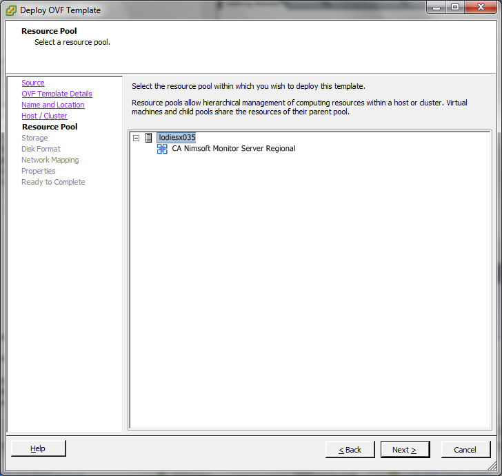 Displays a resource pool within which you wish to deploy this template