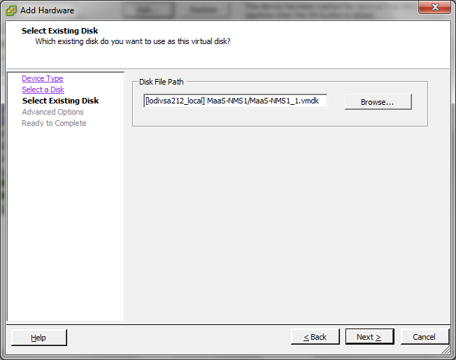Displays the page where you browse and navigate to the Disk File location