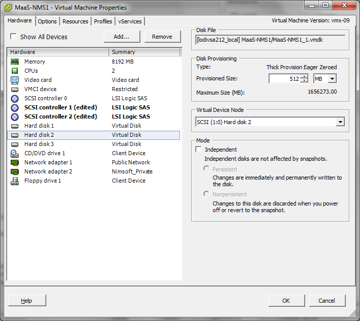 Displays the VM propeties where you select Hard Disk 2 and 3 from the device list