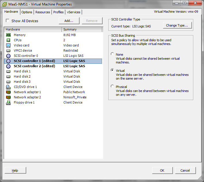 Displays the VM properties where you select SCSIController1 and Virtual