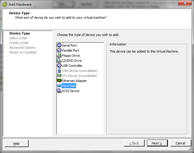 The Add Hardware wizard opens and you select hard disk