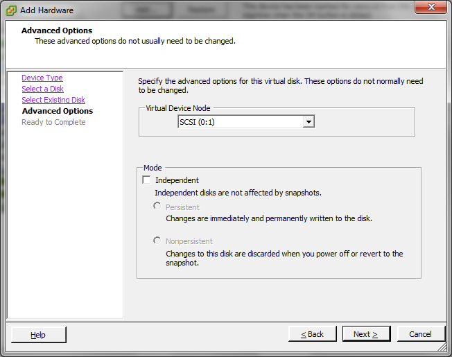 Displays the advanced options where you set the virtual device node to SCSI (1:0)