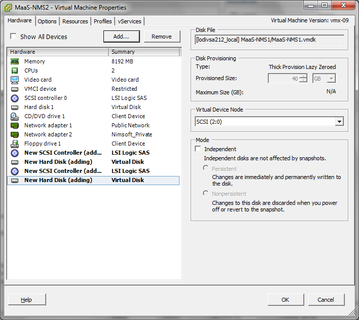Displays the hardware page where you select SCSI (2:0) as the virtual device node