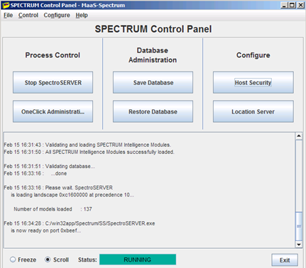 Displays the spectrum control panel with the status of spectroserver as running