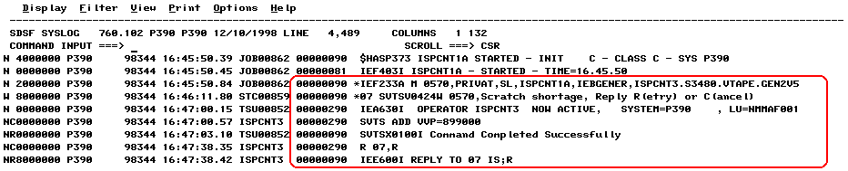 Screen shot example of the the SDSF SYSLOG Scratch Shortage message.