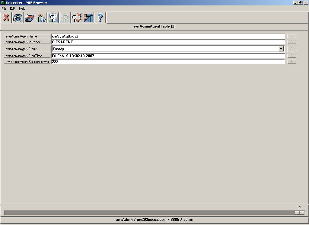 This diagram is one more MIB Browser screen shot that shows another active agent listed.
