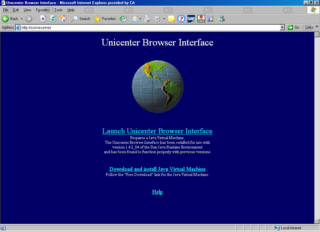 Unicenter Browser Interface の開始ページを示します。