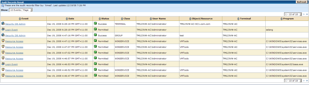 The Audit Records Result pane displays audit records that match the display filter criteria