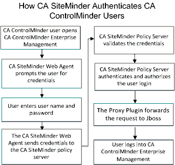 The following diagram illustrates how CA SiteMinder authenticates and authorizes CA ControlMinder users log in to CA ControlMinder Enterprise Management: