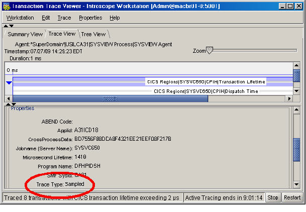 An image of a transaction trace that shows the type of trace is sampled.