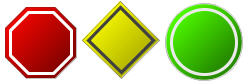 An image of the three alert indicator symbols, which include a red octagon, yellow diamond, and green disc.