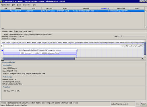 This image is the Transaction Trace Viwere window shows a sample transaction with its component details displayed in the lower portion of the window.