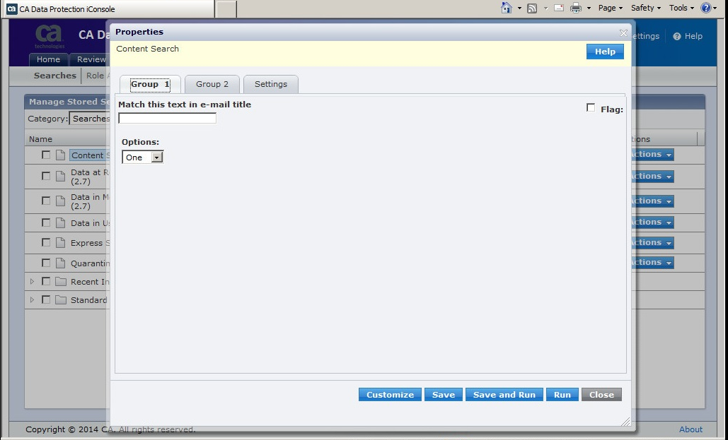 Sample search definition showing parameter groups