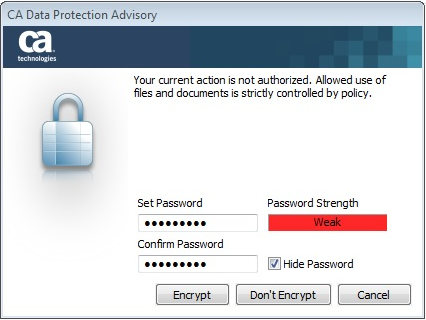 Encryption advisory dialog